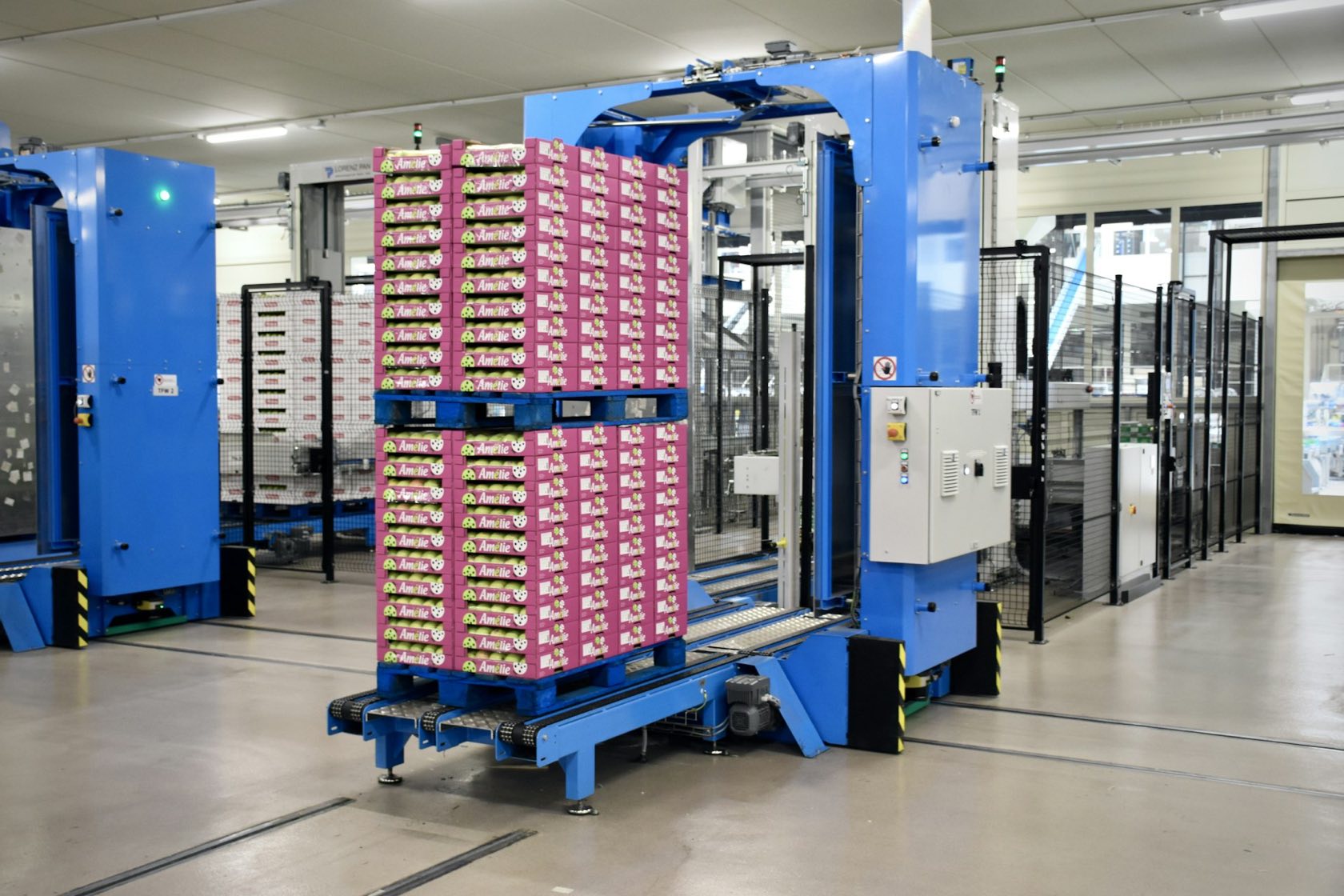 Automated palletizer stacking fruit cartons in a packing house